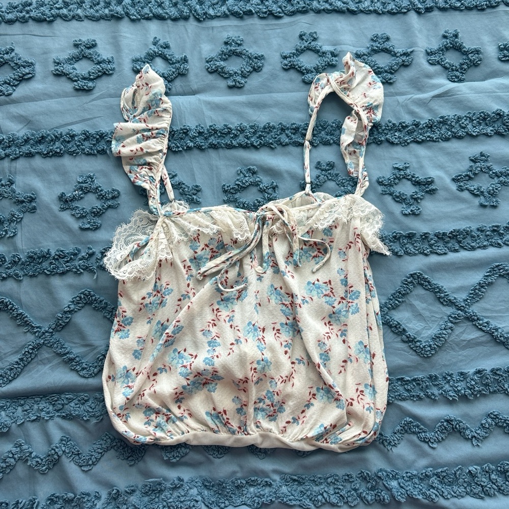 Free People Floral Lace-Trim Smocked Cami Tank Top - Cream with Blue Floral